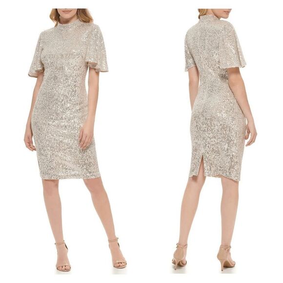 ✨ ELIZA J Silver Sequin Sheath Flutter Sleeve Mock Neck Dress SIZE 12 $168 NWT - Picture 3 of 16